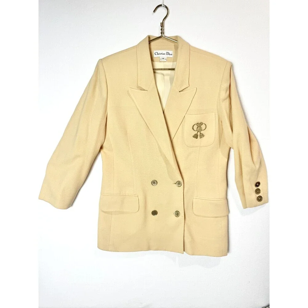 Christian Dior Wool 30 Montaigne Bar Jacket Blazer Neutral Pale Yellow USA Sz 12